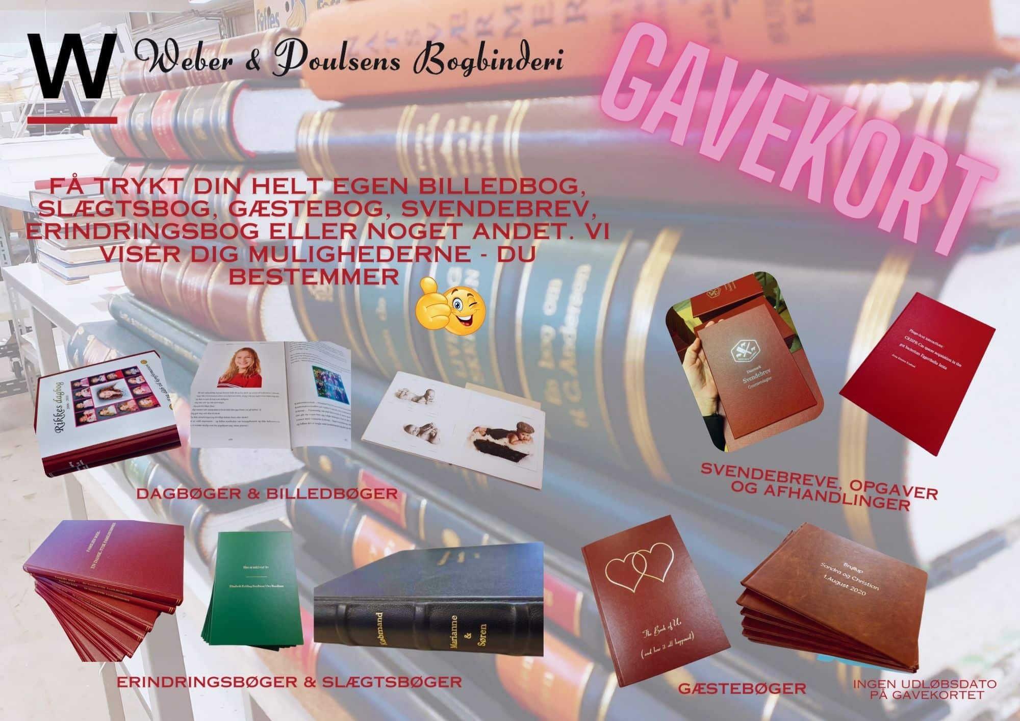 Overrask én, du holder af, med et gavekort til Weber & Poulsen Bogbinderi. Gavekortet kan bruges til indbinding, reparation og unikke håndlavede bøger.