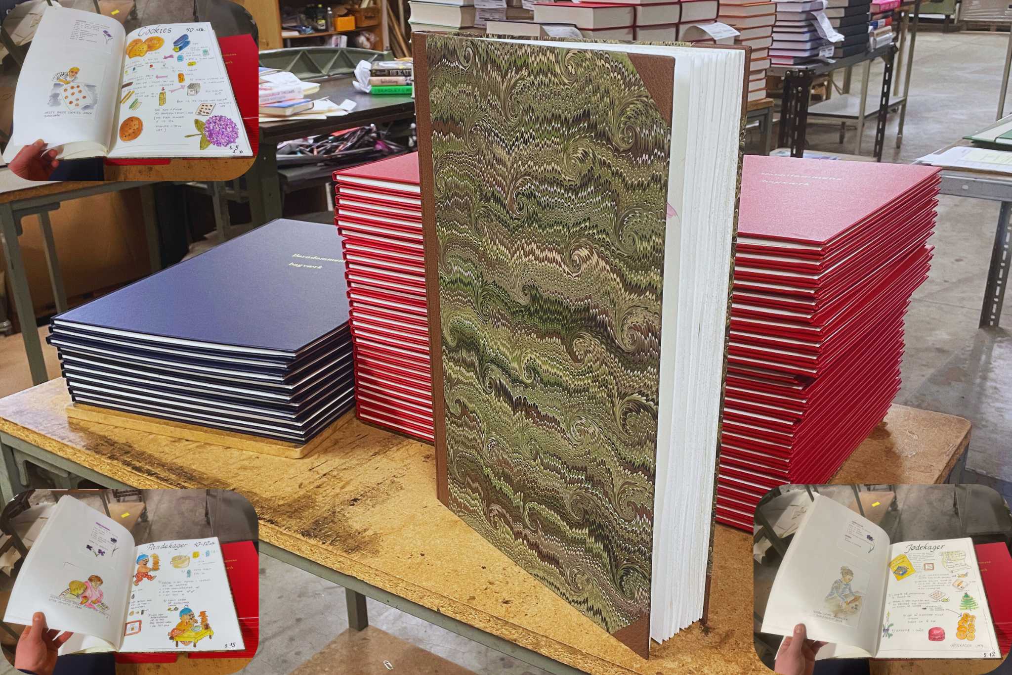 Indbundet opskriftsbog med marmoreret papir og l&aelig;rredsryg